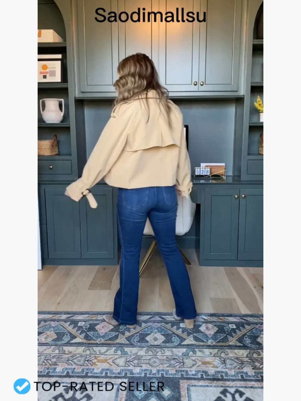 Cropped Double Breasted Trench Coat Raglan Sleeve Chic Work Office Jacket - Picture 7 of 7